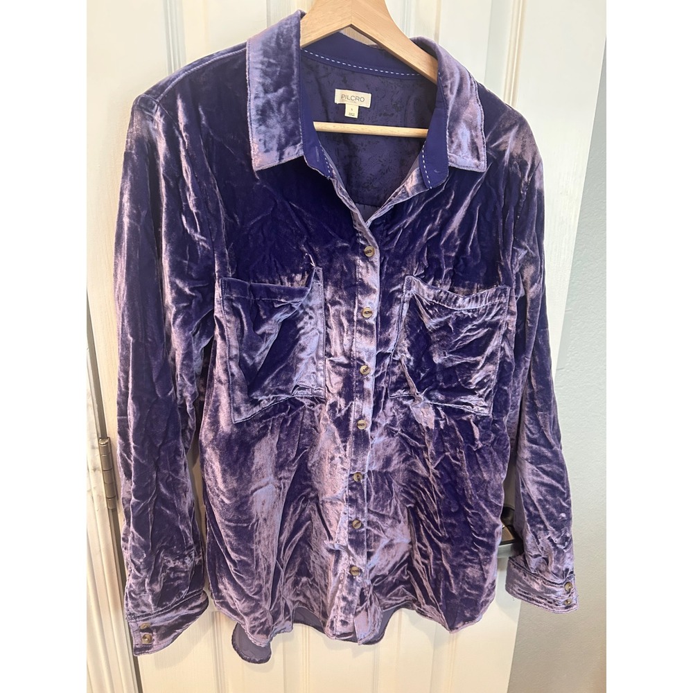 Pilcro Purple Velvet Button Down Shirt Women Large Long‎ Sleeve Pocket Blouse